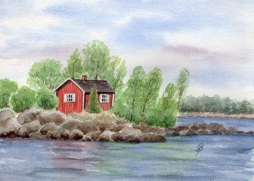 Poster DIN-A4 Aquarell Kunst Druck Kunstdruck Schweden Sweden Sverige Schären Haus Inseln See
